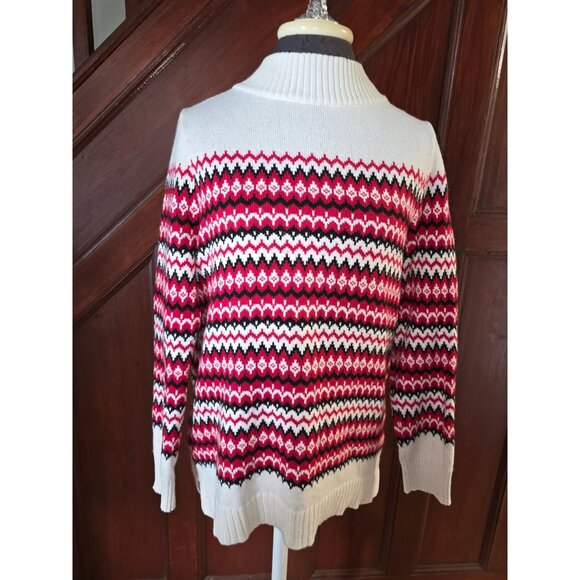 Talbots Womens Fair Isle Sweater Red/White/Black Chevron Knit Medium Wool - Picture 1 of 7